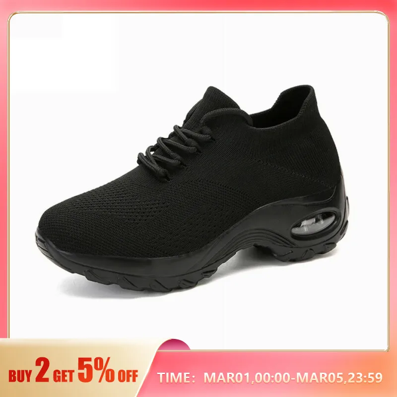 Women Casual Walking Shoes Air Cushion Chunky Sneaker Platform Height Increasing Breathable Slip On Loafers LadyTrainers